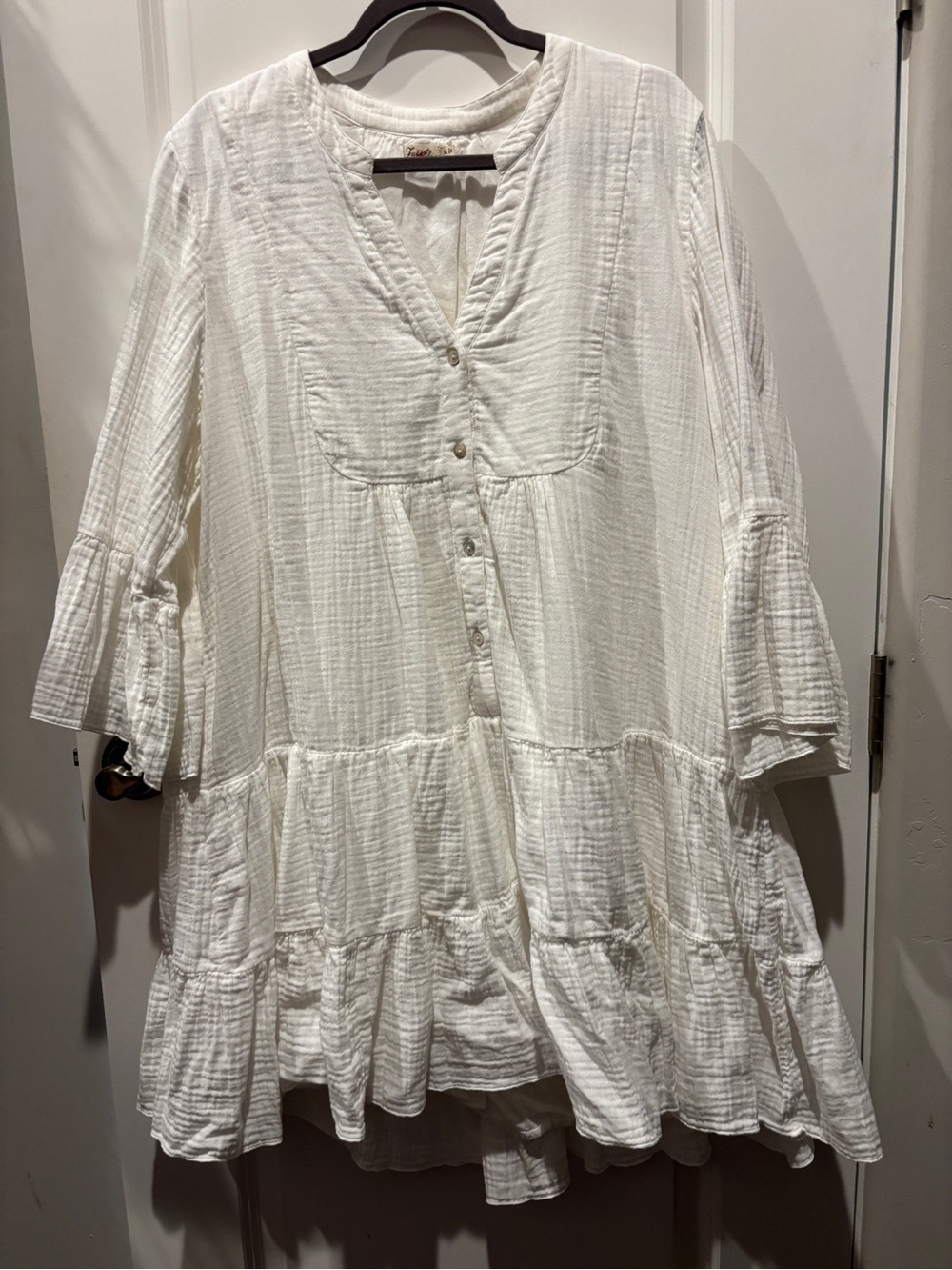 Women's White Gauze Tiered Button-Front Dress